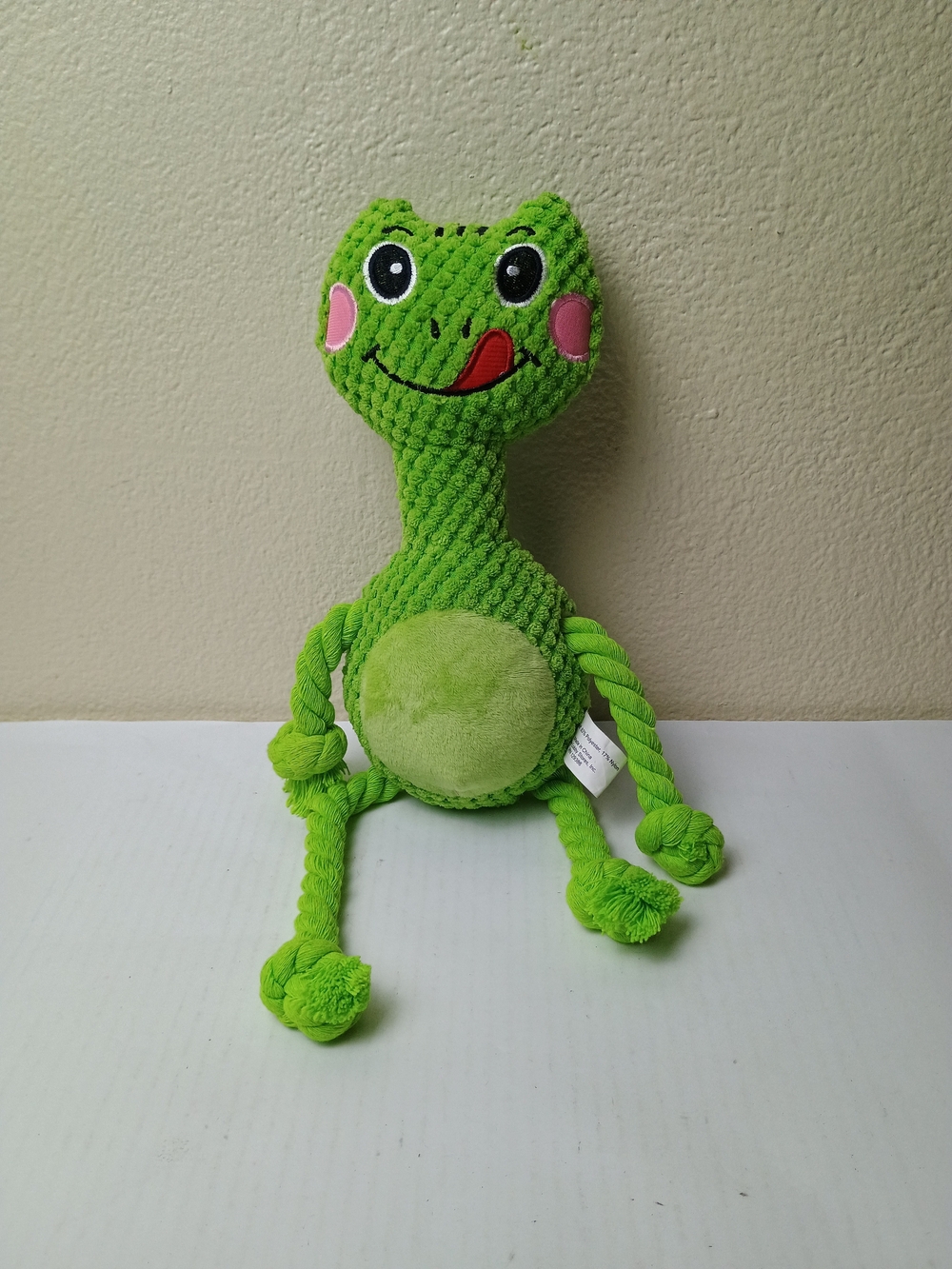 Hobby Lobby Bright Green Plush Frog Rope-Limb Dog Toy with Pink Cheeks